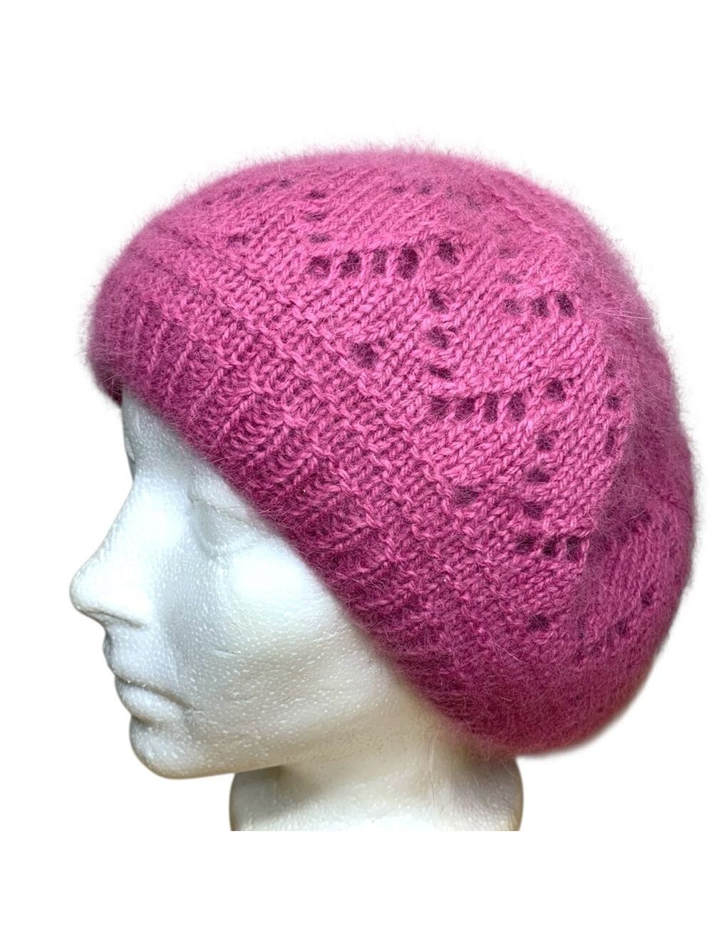 Pink Angora Fur Beret Knit Hat Made Italy Reversible Boho Fuzzy Slouchy OS